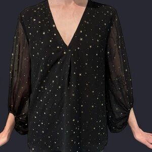 Entro Black Sheet Sleeves Blouse with Gold Stars Pattern Size S